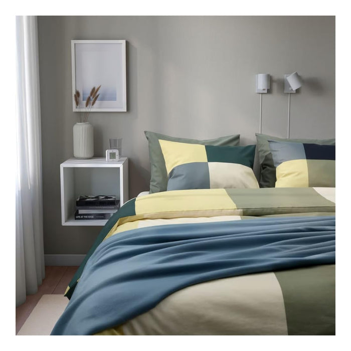 IKEA BRUNKRISSLA Duvet Cover and Pillowcase Green/Multicolour 150x200cm with Hand Towel, White/Dark Blue, 40x70 cm