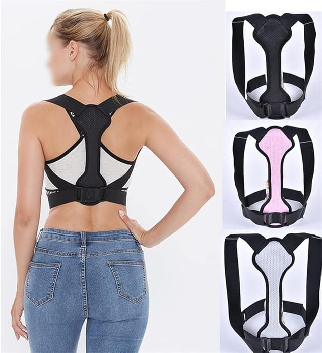 Woman wearing a black posture corrector with inset images of the product.