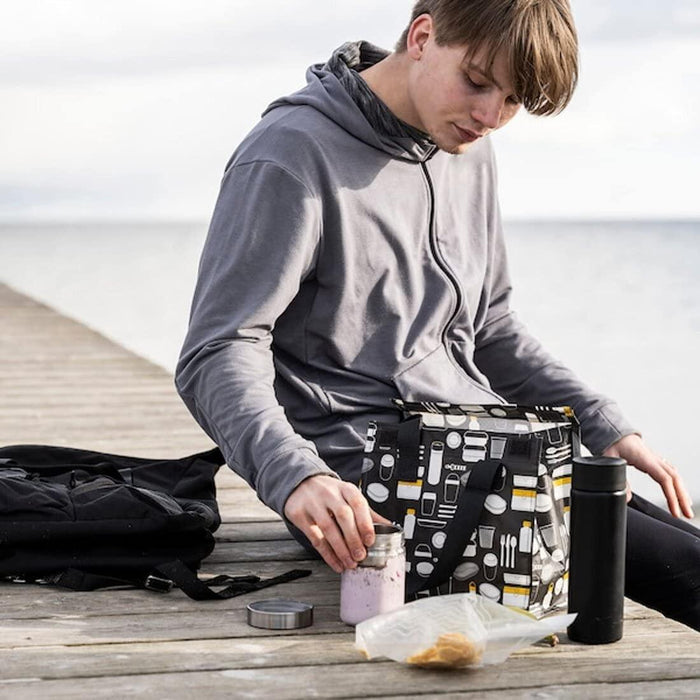 IKEA FLADDRIG Stylish Lunch Bag Set – Patterned Grey with Red Lunch Box & 300 ml Snack Container