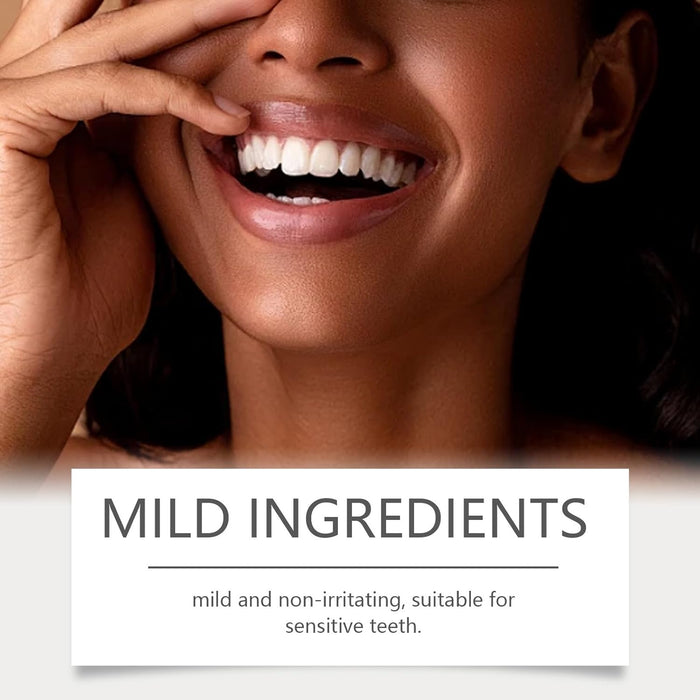 Close-up of a person with a smile, with text about mild ingredients suitable for sensitive teeth.