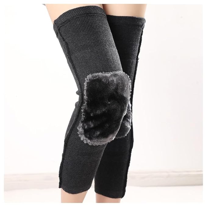 Black leg warmers with gray fleece patch on a white background