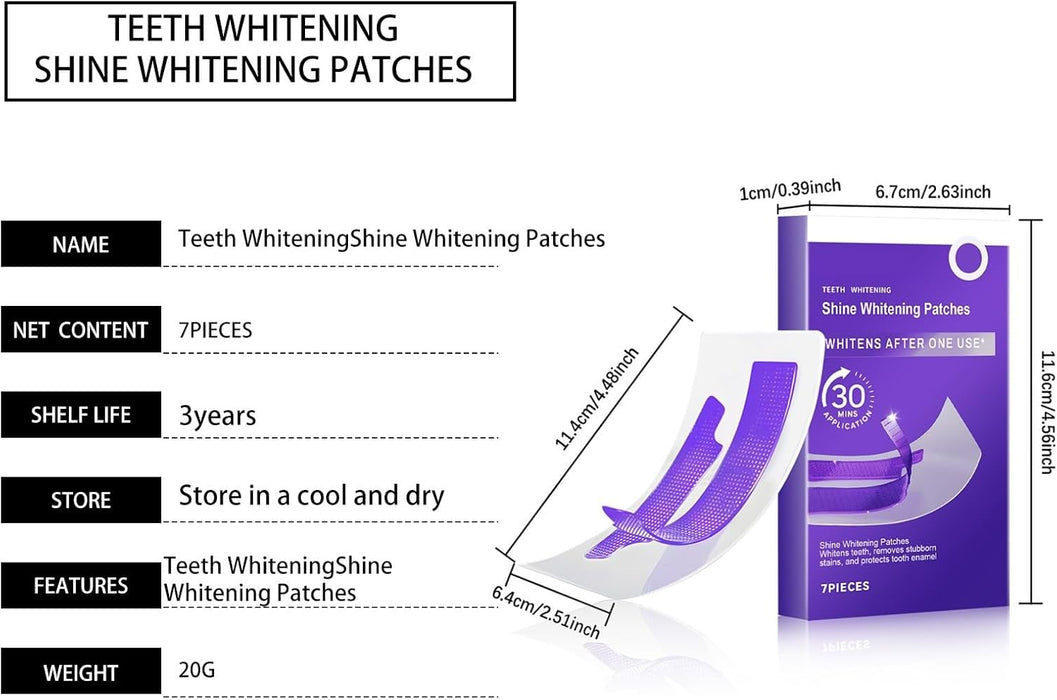 Teeth whitening patches with packaging and product details on a white background