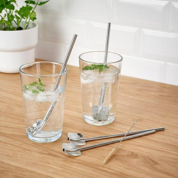 IKEA Clear Glass Set – Glass 20 cl with 5-Piece Stainless Steel Drinking Straw & Spoon Set (with Cleaning Brush) and Paper Napkins, White, 16×32 cm