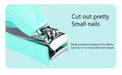 Teal nail clipper with text on a light blue background