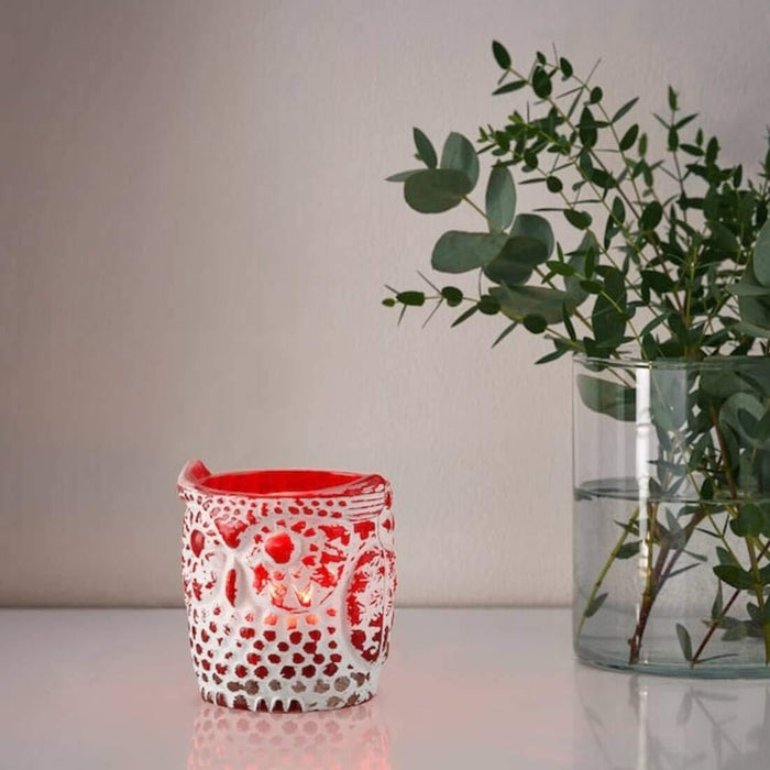 IKEA OMMJÄNGE Glass Tealight Holder, 12 cm with EFTERSKORD Red Candle Holder, 7.5 cm