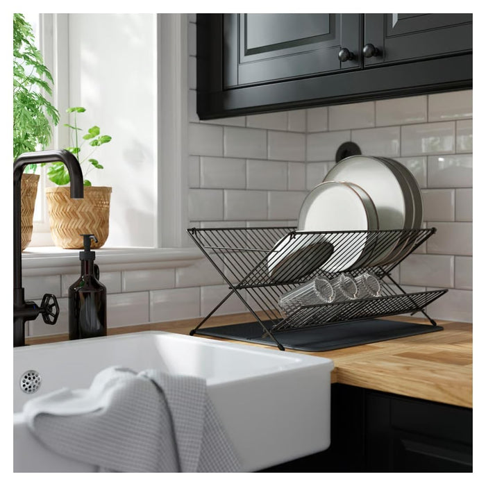 Ikea KVOT Dish Drainer with DEKORERA Tea Towel(60X 60 CM), Black Steel, Rust Resistant