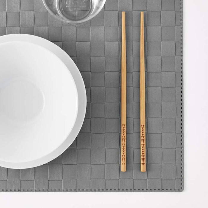 IKEA Dining Set with Woven Placemats, Chopsticks, White Bowls, Tissue Box, Natural and White