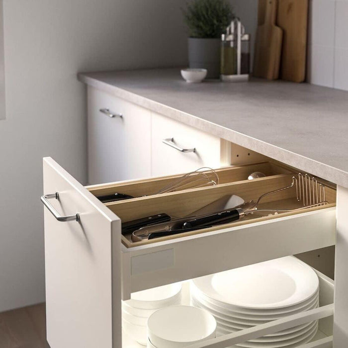 IKEA UPPDATERA utensil tray light bamboo 10x50 cm with 365+ HJÄLTE Wok spatula, stainless steel/black and 365+ HJÄLTE Wok spatula, stainless steel/black
