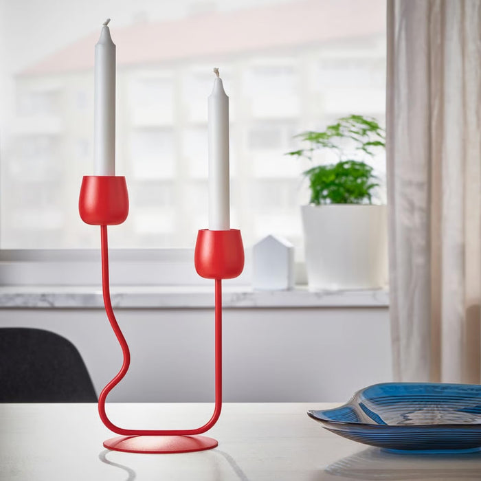 IKEA Candlestick/tealight holder, bright red, 29 cm with Unscented candle, red, 25 cm