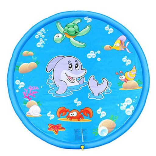 Blue marine-themed splash play mat for kids, sized 100x170 cm. The mat features playful sea creatures like whales, turtles, crabs, and fish in vibrant colors. Multiple sprinkler holes line the edges, creating a circular water spray for outdoor summer fun. Ideal for toddlers and young children to enjoy safe and refreshing water play -1598452254744 12846906.