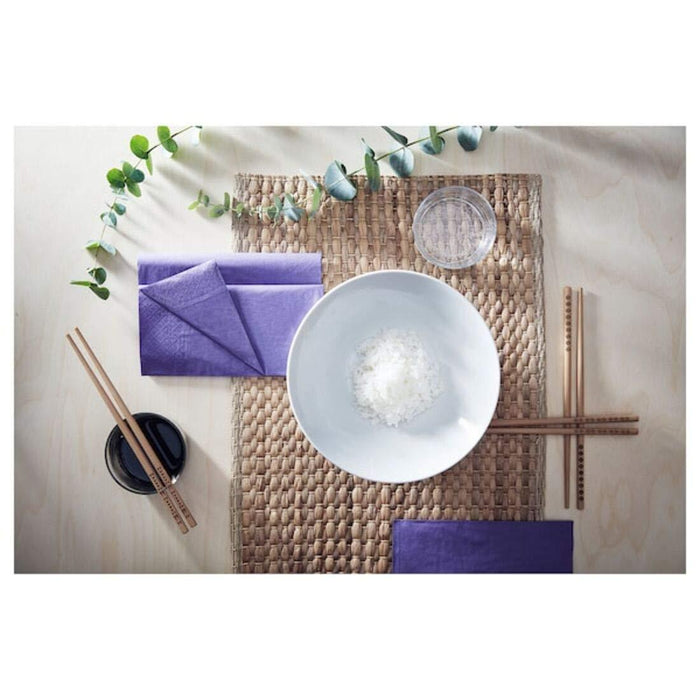 IKEA Dining Set with Woven Placemats, Chopsticks, White Bowls, Tissue Box, Natural and White