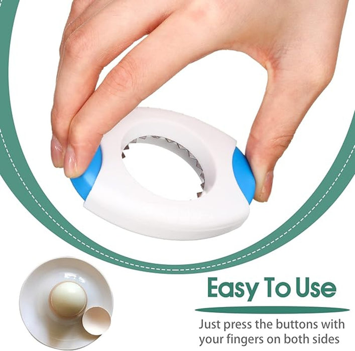 Sharp stainless steel blades on egg topper for smooth, crack-free cuts every time.