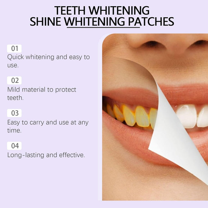 Teeth whitening patches with a close-up of a mouth and text highlighting benefits.