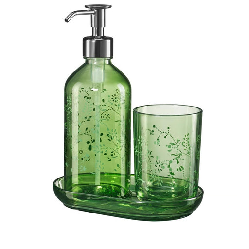 IKEA GROSSJÖN 3-piece bathroom set, green transparent glass with floral pattern, includes tumbler, dispenser, and tray