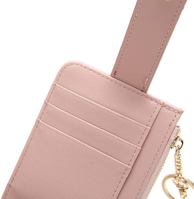 Pink wallet with card slots and a chain detail on a white background