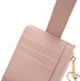 Pink wallet with card slots and a chain detail on a white background