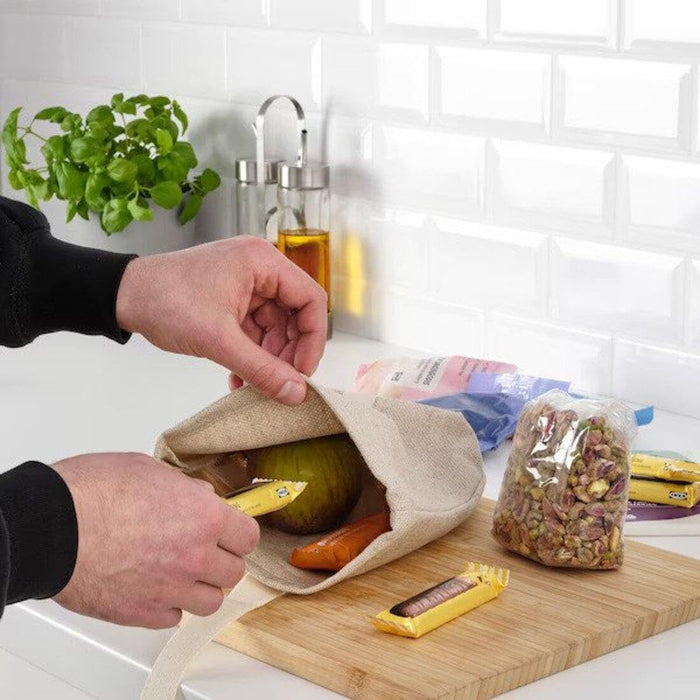 IKEA Snack bag, fabric, natural, 14x6x22 cm  with Snack container, grey/Brown, 300 ml