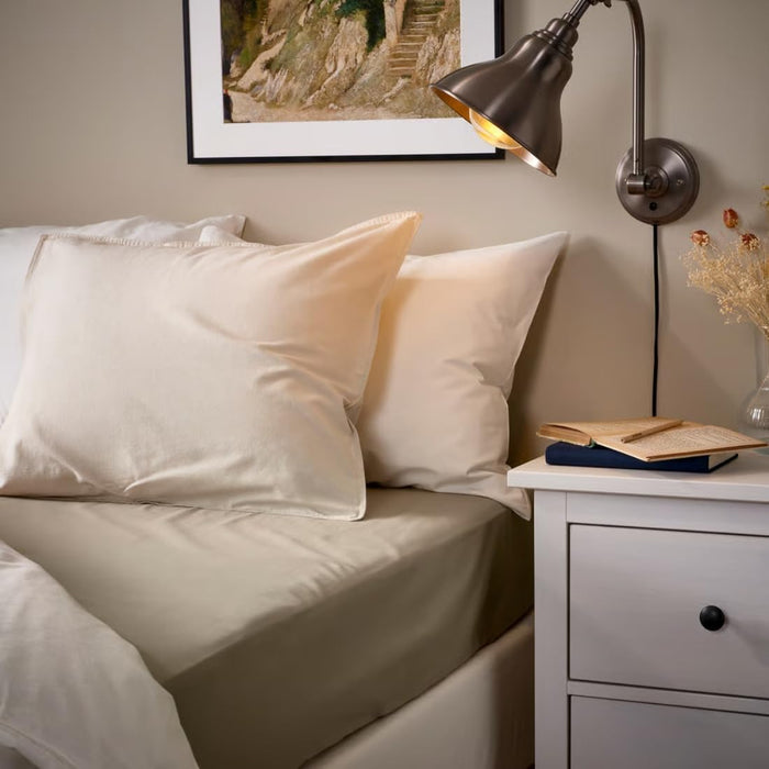 IKEA ULLVIDE Fitted Sheet with Pillowcase Set, Grey-Beige Sheet 90x200 cm & White/Brown Striped Pillowcase 50x80 cm