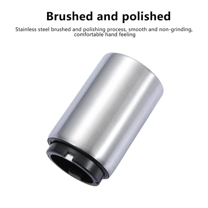 Stainless steel cylindrical component with text describing its finish and feel.