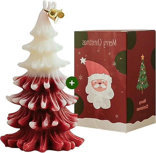 Decorative Christmas tree candle with a Santa Claus box in the background