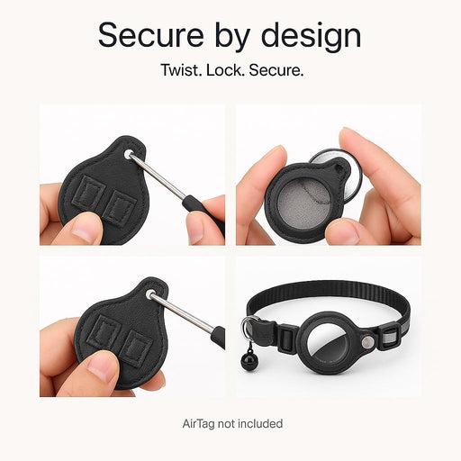 Close-up of black and gray striped collar with breakaway buckle and bell held in hand