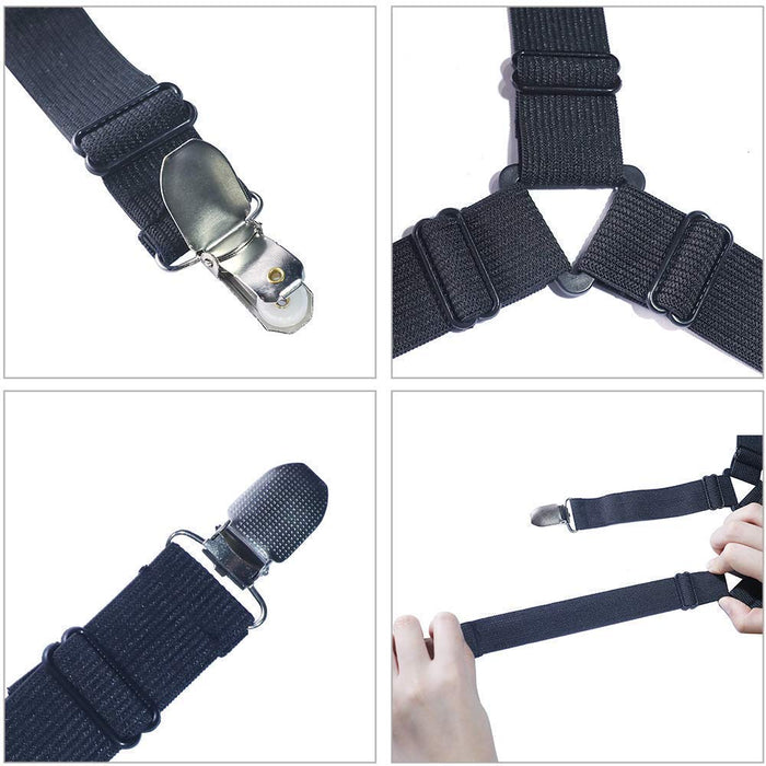 Digital Shoppy Bed Clips Sheet Cover, close-up collage of metal clips, Y-strap configuration, and stretch demo