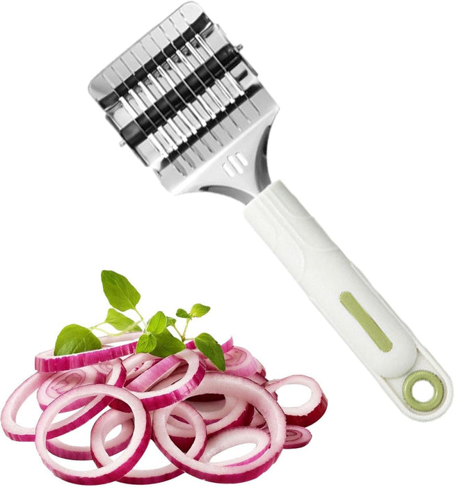 Onion peeler with sliced red onions and fresh herbs on a white background