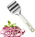 Onion peeler with sliced red onions and fresh herbs on a white background