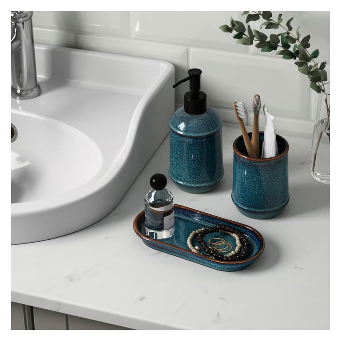 IKEA TVÅLSJÖN 3-Piece Stoneware Bathroom Set Blue with NYCKELN Hand Towel, White/Dark Blue, 40x70 cm (16x28)
