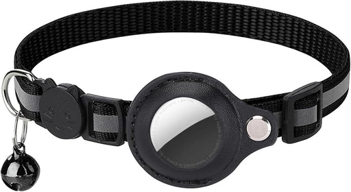 Digital Shoppy Black pet collar with reflective strip, AirTag holder, bell, and cat-shaped charm