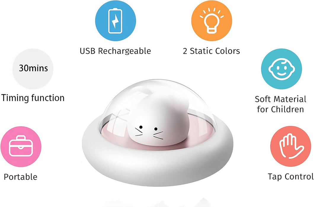 USB rechargeable night light with features listed on a white background