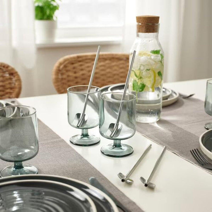 IKEA Clear Glass Set – Glass 20 cl with 5-Piece Stainless Steel Drinking Straw & Spoon Set (with Cleaning Brush) and Paper Napkins, White, 16×32 cm