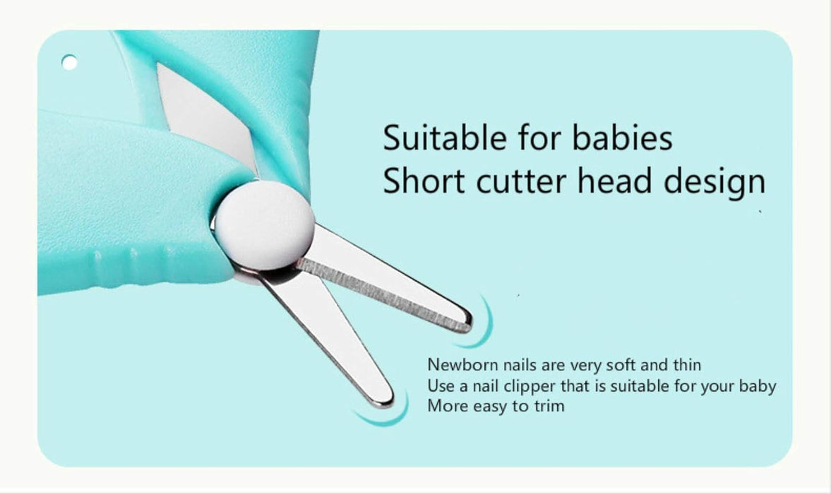 Baby nail clipper with text on a light blue background