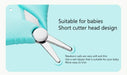 Baby nail clipper with text on a light blue background