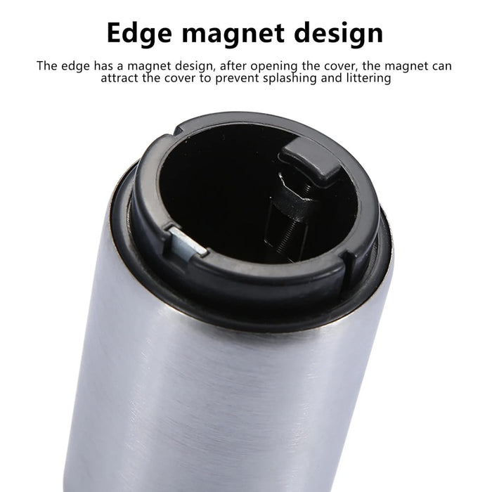 Close-up of a silver and black container with a magnet design on a white background