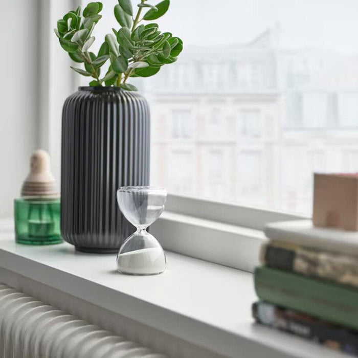 IKEA EFTERTÄNKA Decorative hourglass, clear glass/white, 10 cm with Glass dome with base, 19cm