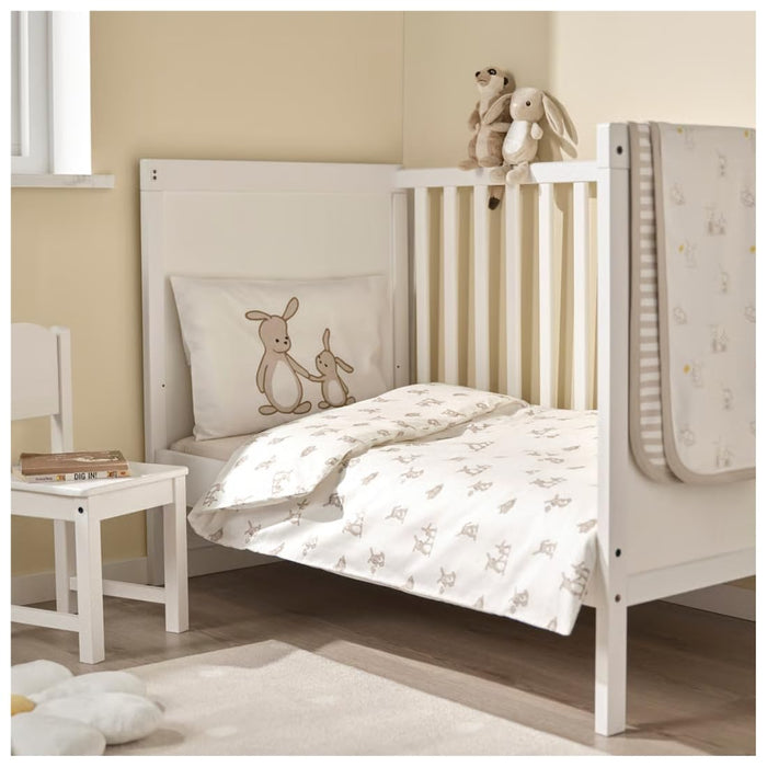 Ikea LEN Baby Cot Duvet Cover, Pillowcase and Knit Blanket Set, Bunny Print, Organic Cotton, 110x125 cm with Dark Yellow Blanket, 70x90 cm
