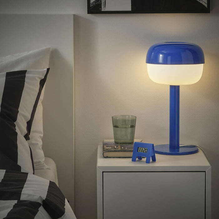 IKEA Bedside Set –  Table lamp, grey, 17 cm, Black Bedside Table (37×28 cm) & Blue Alarm Clock 7x6 cm