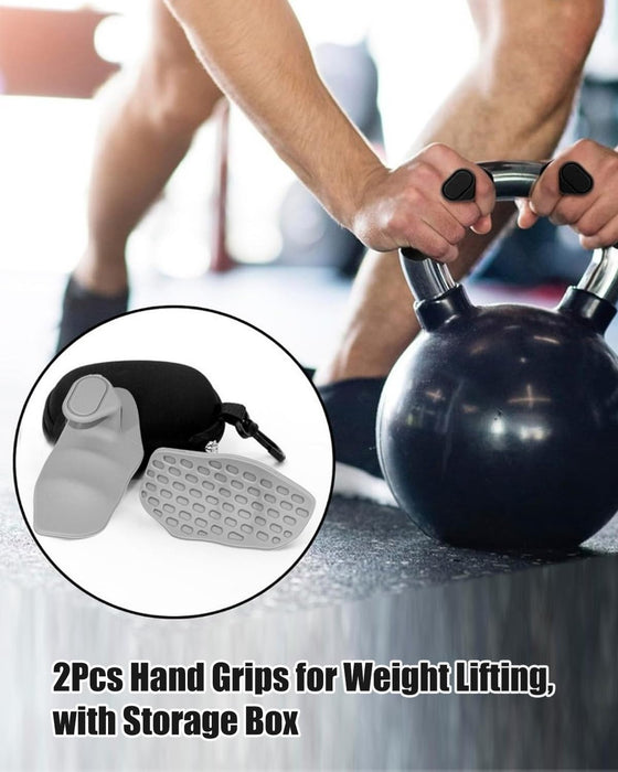 Person lifting a kettlebell with hand grips and a storage box on a gym floor.
