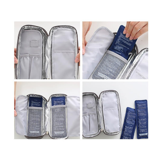 "Gray insulated bag with compartments, designed for storing blue gel packs to keep medications cool. Compact and travel-friendly for temperature-sensitive storage-31805412866898