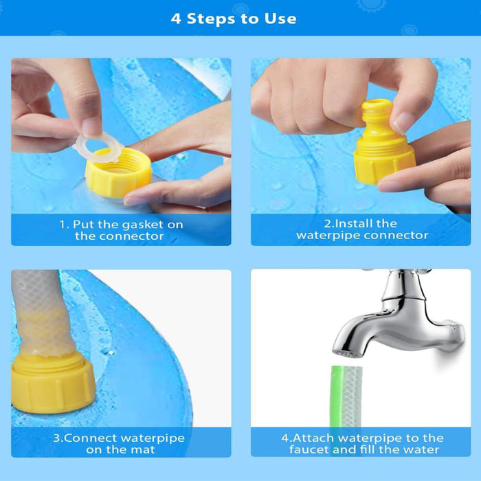 Step-by-step visual guide showing how to attach the waterpipe to the kids’ splash mat. Includes gasket placement, connector installation, pipe-to-mat connection, and final hose setup on the faucet – 1598452254744 12846906.