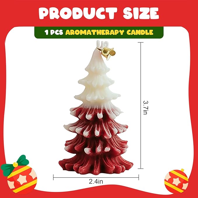 Aromatherapy candle shaped like a Christmas tree with dimensions on a red background