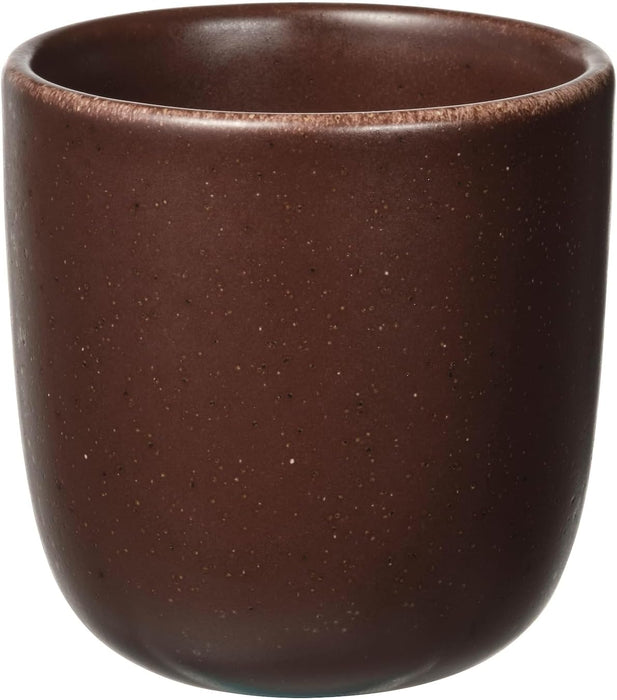 A single, dark reddish-brown ceramic mug with subtle light speckles and a slightly textured rim, shown on a white background.-80592418