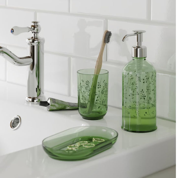 IKEA GROSSJÖN 3-piece bathroom set, green glass tumbler with bamboo toothbrush, soap dispenser, and tray with capsules