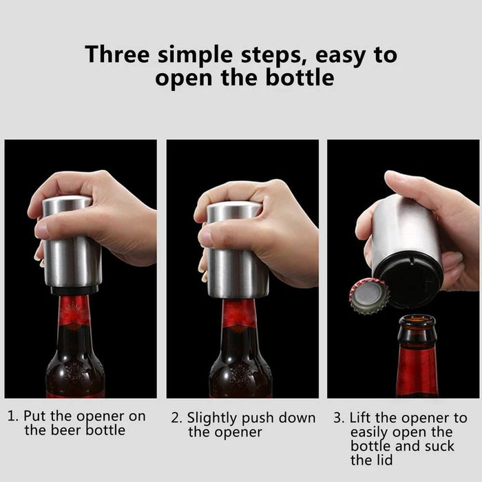 Step-by-step guide on using a beer bottle opener with text instructions.