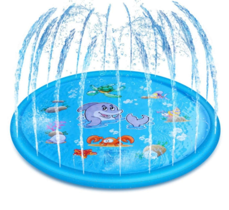 Kids’ marine-themed splash mat in blue with sea creature prints and water sprinklers around the edge—outdoor play fun – 1598452254744 12846906.
