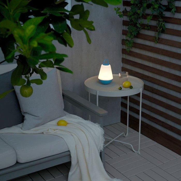 IKEA SOMMARLÅNKE LED pendant lamp, blue/battery-operated outdoor, 10 cm with LED decorative table lamp, white blue/battery-operated outdoor, 21 cm