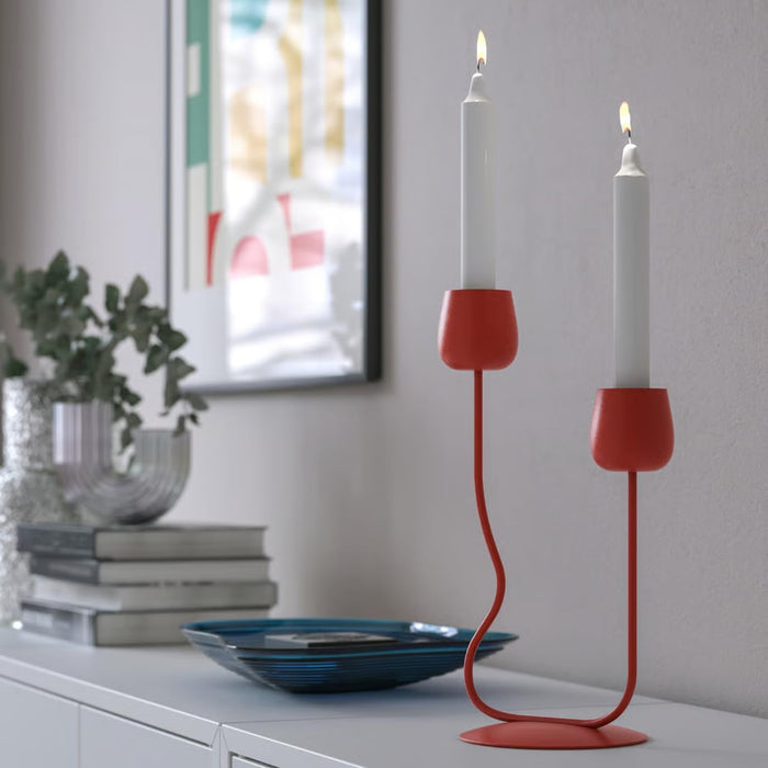 IKEA Candlestick/tealight holder, bright red, 29 cm with Unscented candle, red, 25 cm