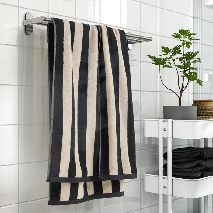 IKEA SLÅNHÖSTMAL Bath Towel(70X140 CM) and Hand Towel Black/Light Beige Striped(40X70 CM)