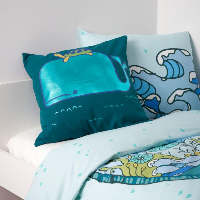 Ikea BLÅVINGAD Cushion Cover Whale Pattern Blue-Green 50x50 cm with Napkin